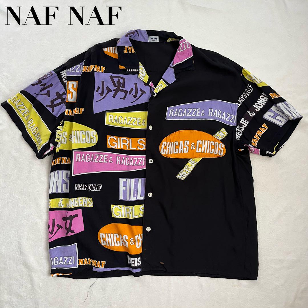 NAF NAF ユーロ古着 ナフナフ 総柄シャツ レーヨンシャツ オープンカラー