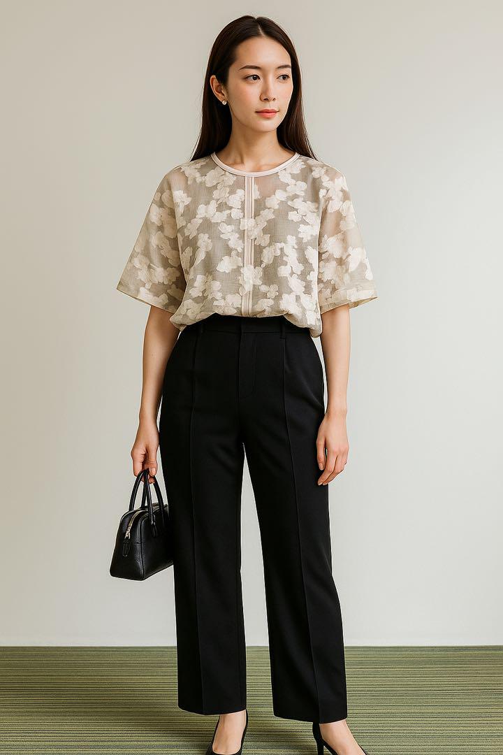 CLANE クラネ　半袖ブラウス　バルジフラワージャガードトップス　トップス CLANE クラネ 半袖ブラウス バルジフラワージャガードトップス