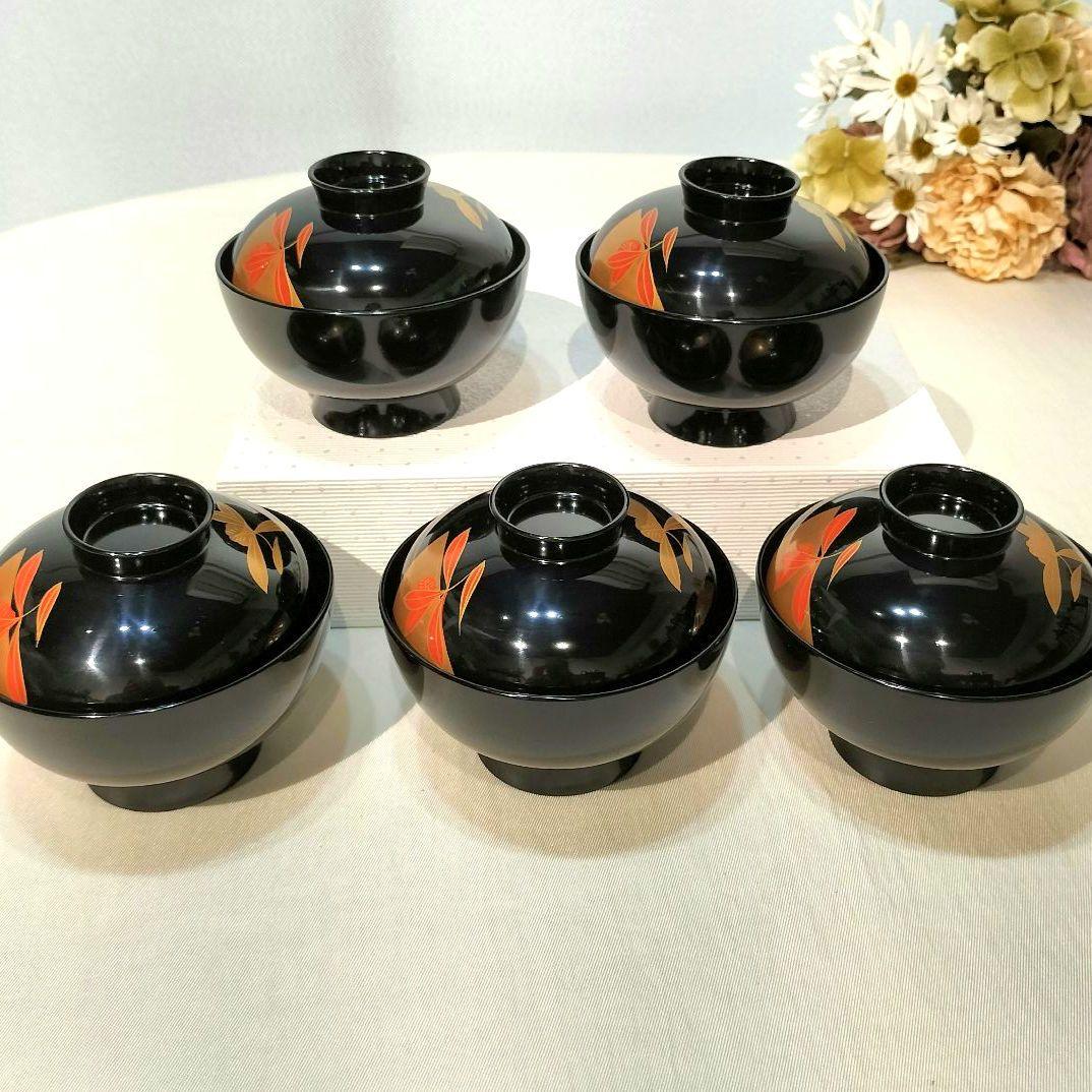 ☆新品未使用☆会津塗 金彩漆器碗 沈金流紋 5客 工芸品