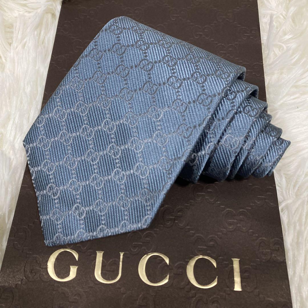 美品　GUCCI グッチ　GG 柄　ネクタイ　ブルー　シルク100%