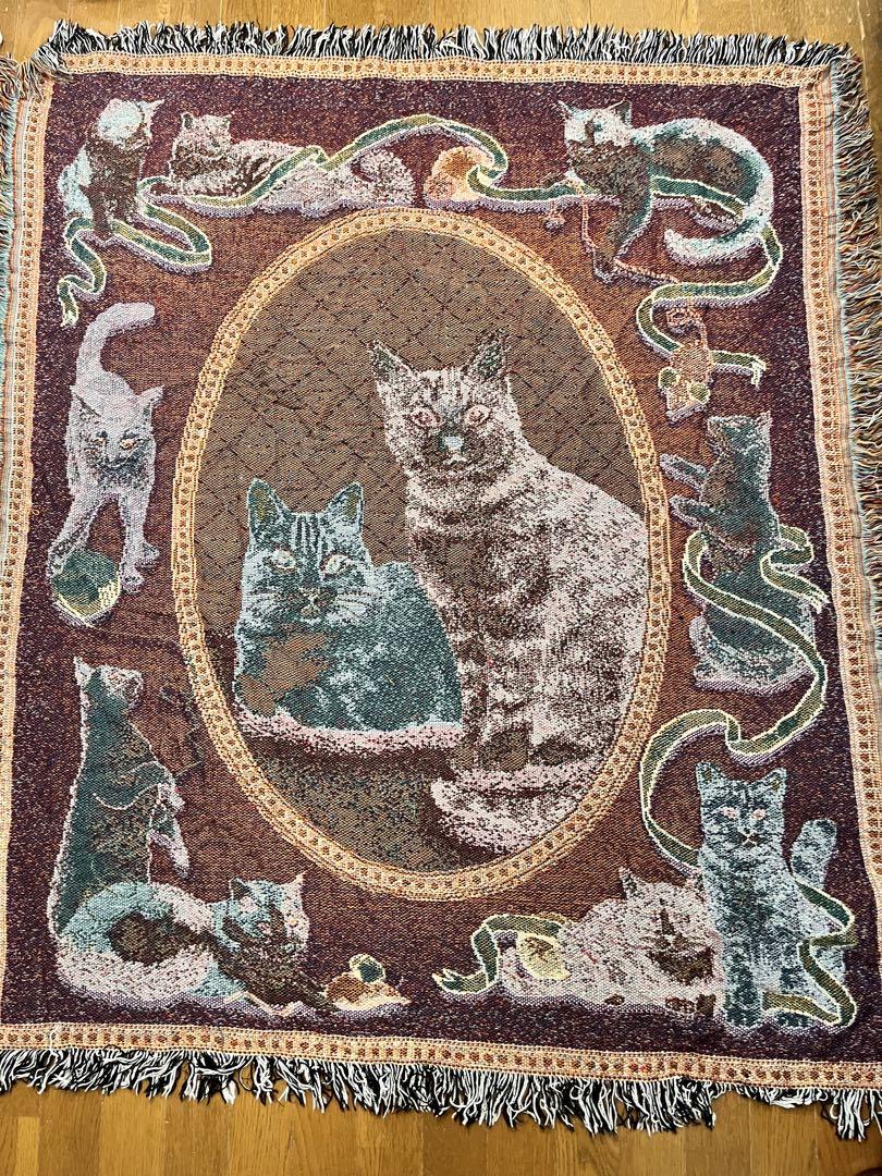 vintage 猫 フリンジ付きラグ ブランケット Vintage 猫ラグ、ブランケット、マルチカバー、約142cm x 125cm