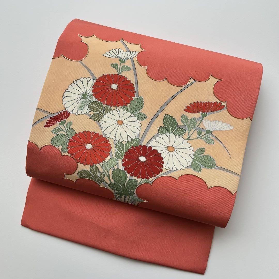 名古屋帯 塩瀬 花柄模様 金駒刺繍 真紅色 O-5127の通販 by