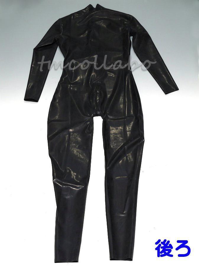 ラテックス製フロントジッパー式全身スーツ男性用（手足開口）★黒Ｓ★キャットスーツ