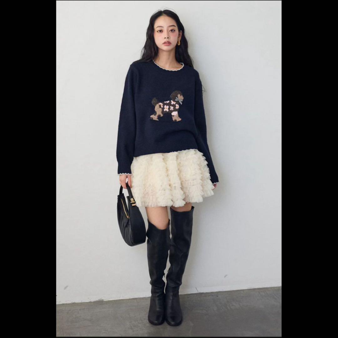 ドッグジャガードニット ホイップチュールミニ丈スカート frene フラーネ同型FREE SIZE