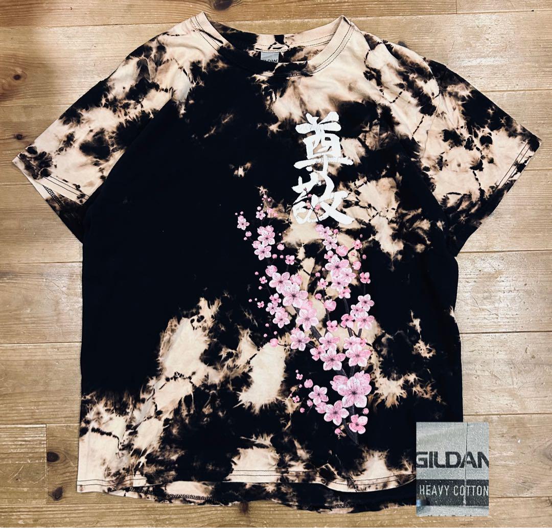 Tシャツ 古着 00s Gildan ギルダン 漢字 L 尊敬 タイダイ柄 桜