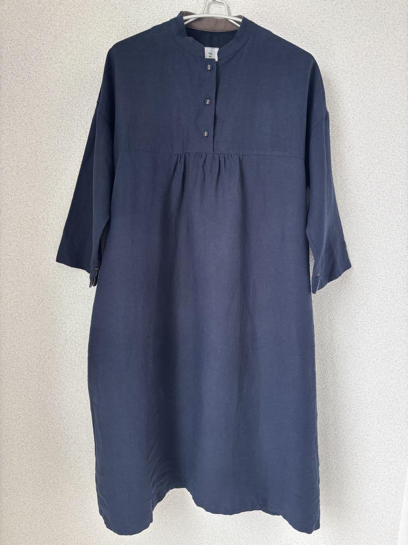 【美品】nop de nod バンドカラーリネン混ワンピースネイビーM