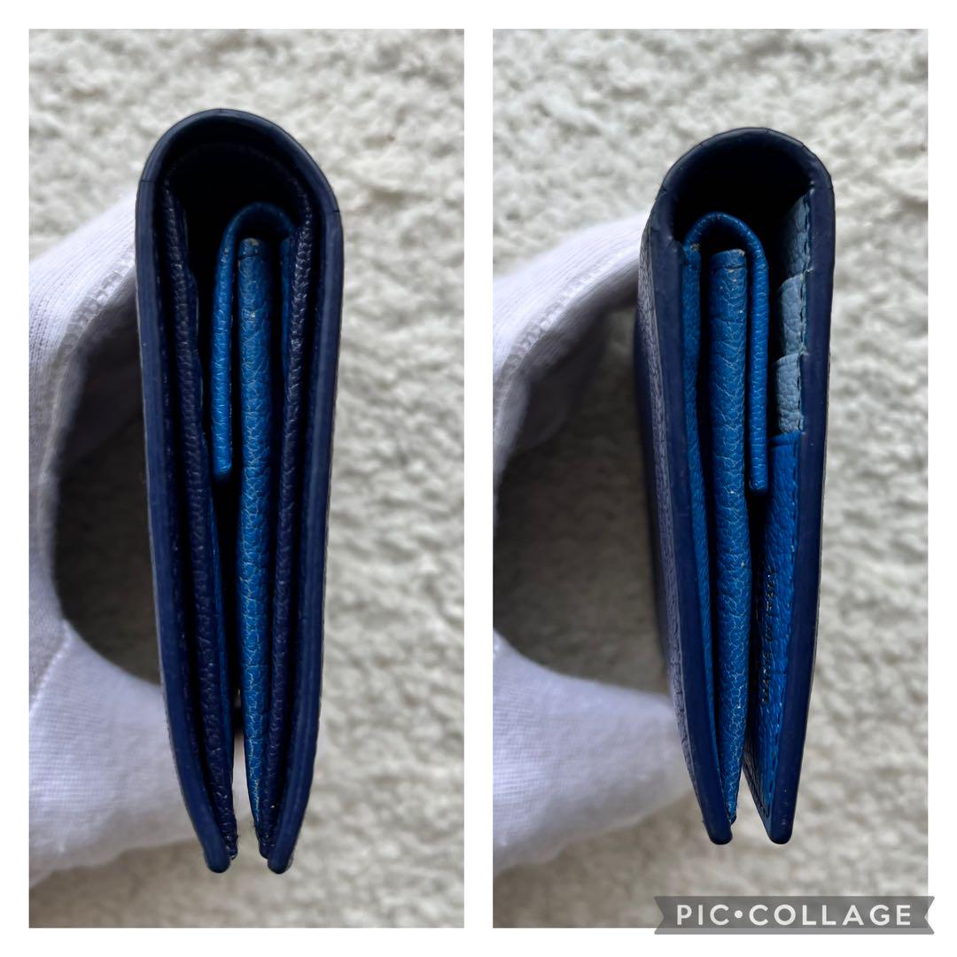 ミュウミュウ　折財布　クリスタル　リボン　レザー　ブルー　ゴールド金具　イタリア 未使用品✨ミュウミュウ 折り財布 ミニ バイカラー レザー ロゴ