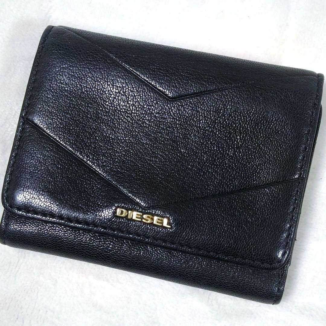 DIESEL ディーゼル 三つ折り財布 レザー ブラック コンパクト 金ロゴ