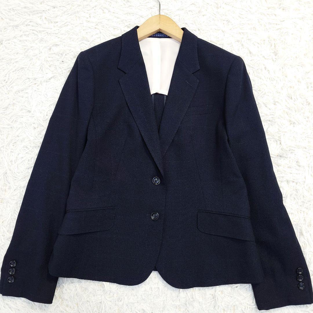 大きいサイズ　LES MUES　スカートスーツ　ネイビー　チェック　ストレッチ