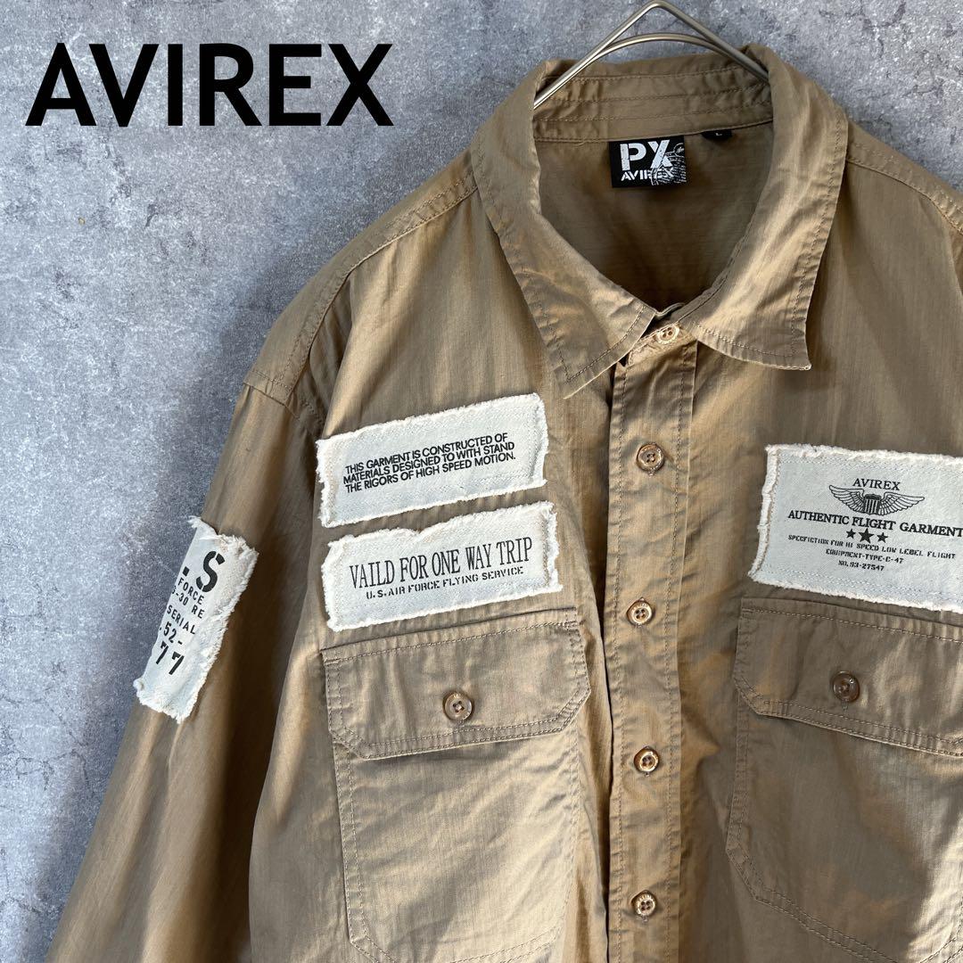 AVIREX ワークシャツ 長袖 パッチワーク Lメンズ カーキ V1