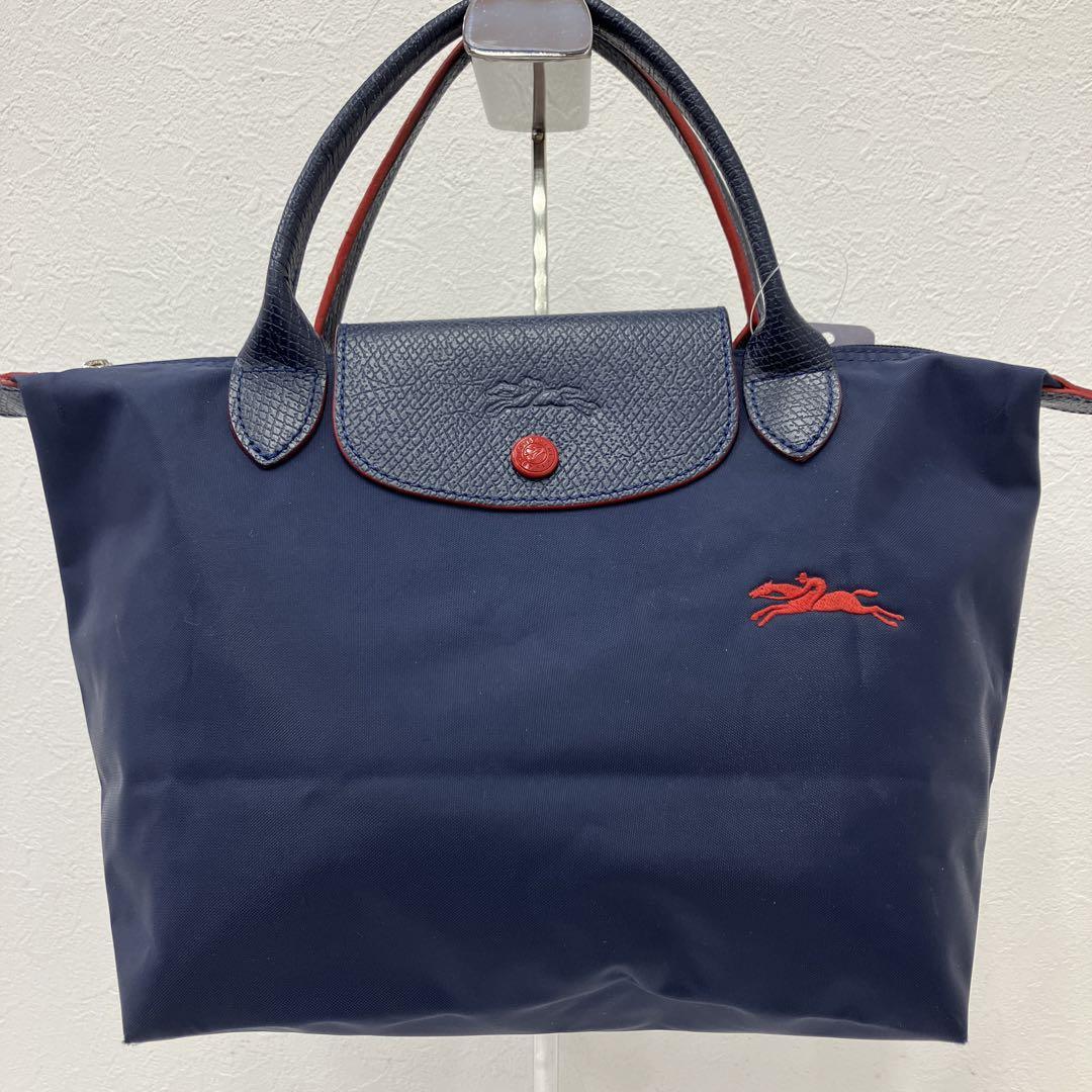 ●7809 LONGCHAMP ハンドバッグ ネイビー×レッド系 馬 刺繍