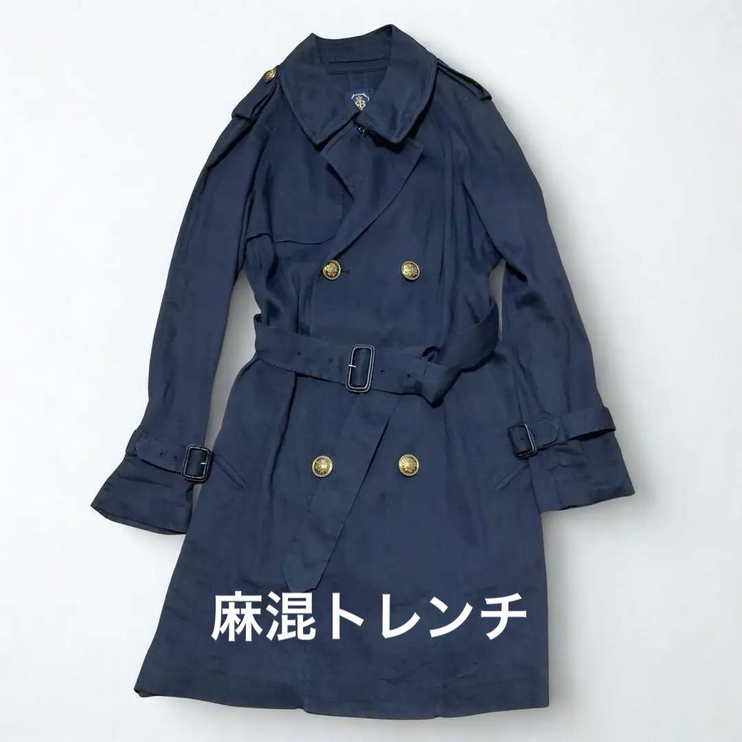 春物★極美品★UNITED　ARROWSダブルトレンチコート　綿麻混紡　濃紺 春物☆極美品☆UNITED ARROWSダブルトレンチコート 綿麻混紡 濃紺