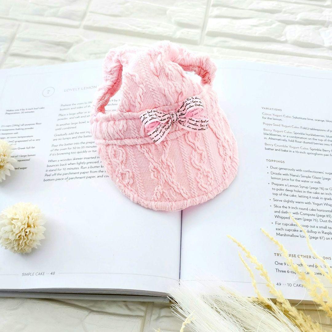 ピンク♡アランニット♡お花レース♡リバーシブル帽子♡ハンドメイド犬服♡