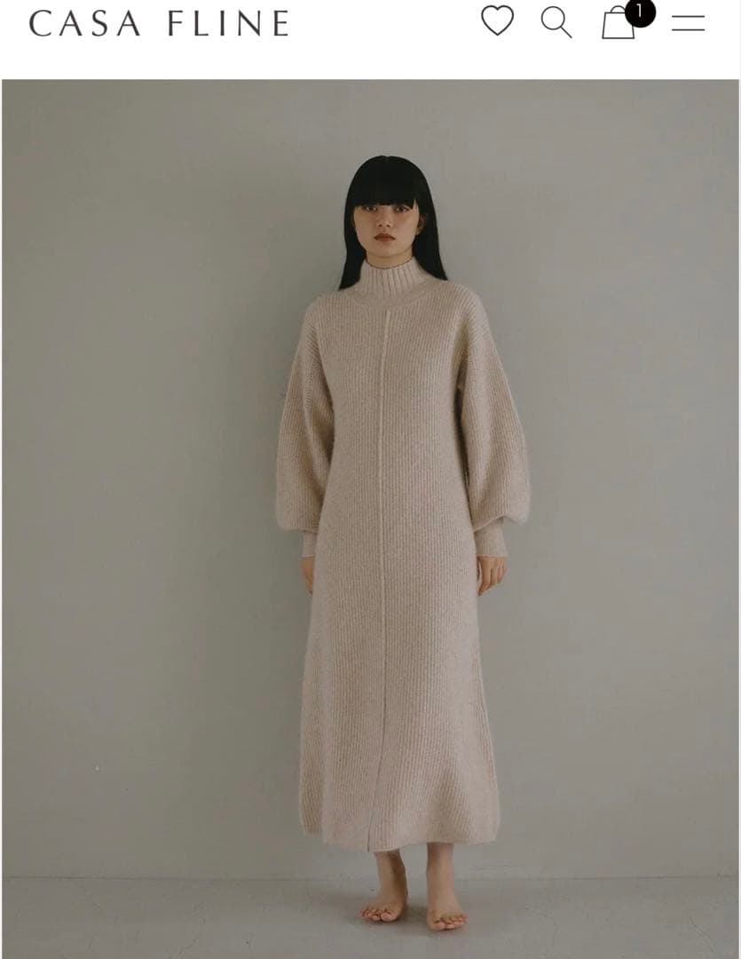 casaflineベージュ ニットロングワンピース ハイネック