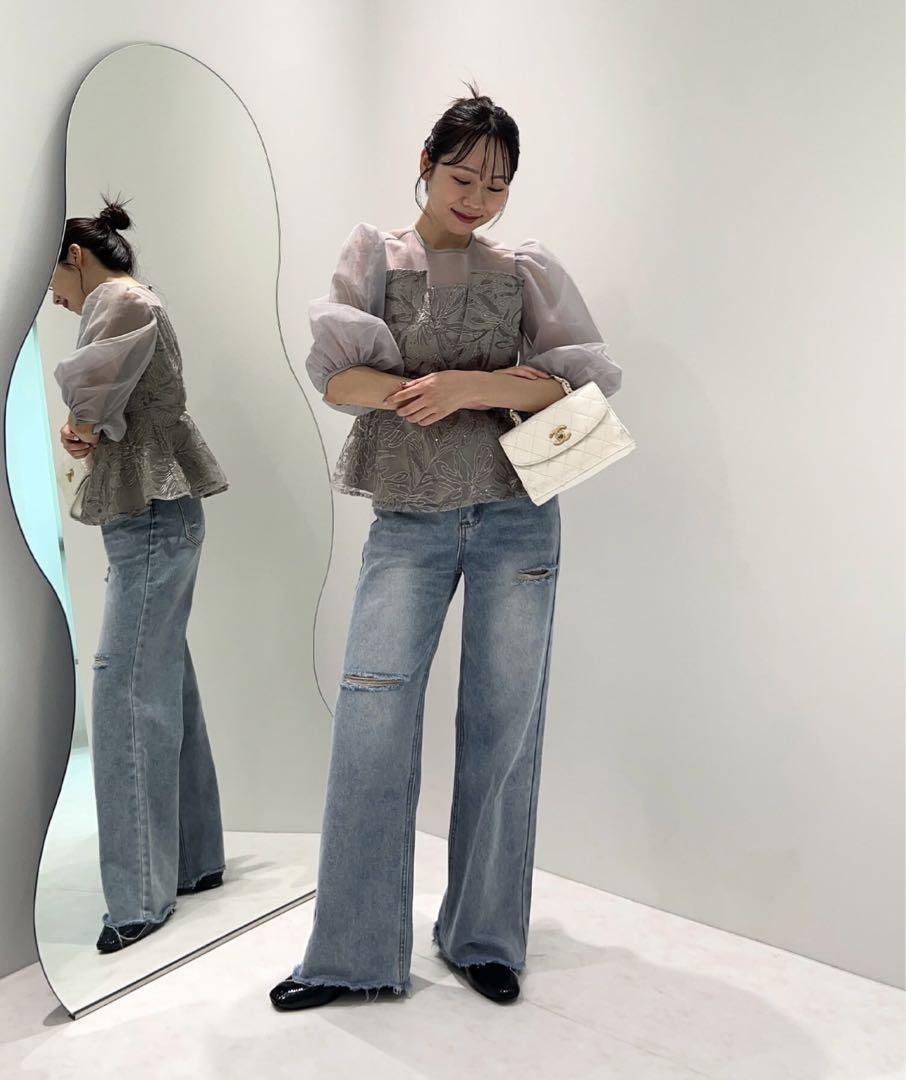 LEJAシアーパフスリーブペプラムスパンコール花柄Iラインドレス