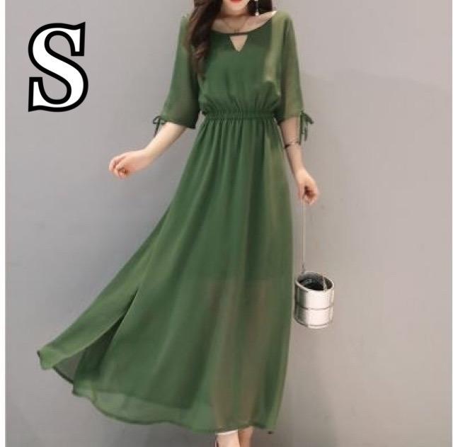 ロングワンピース　レディース　シフォンドレス　パーティー　Aライン　Sサイズ　緑