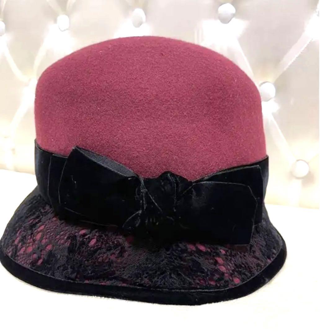 アナスイ　ANNASUI  帽子　冬物帽子　ボルドー　レース　リボン　レトロ