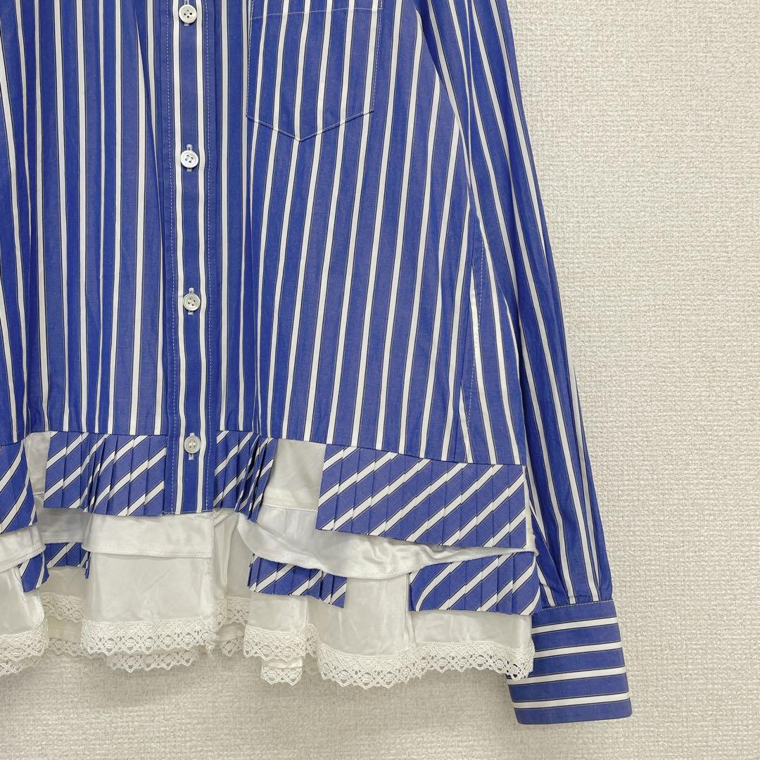 sacai サカイ ストライプシャツ 裾プリーツ 白レース 青 異素材
