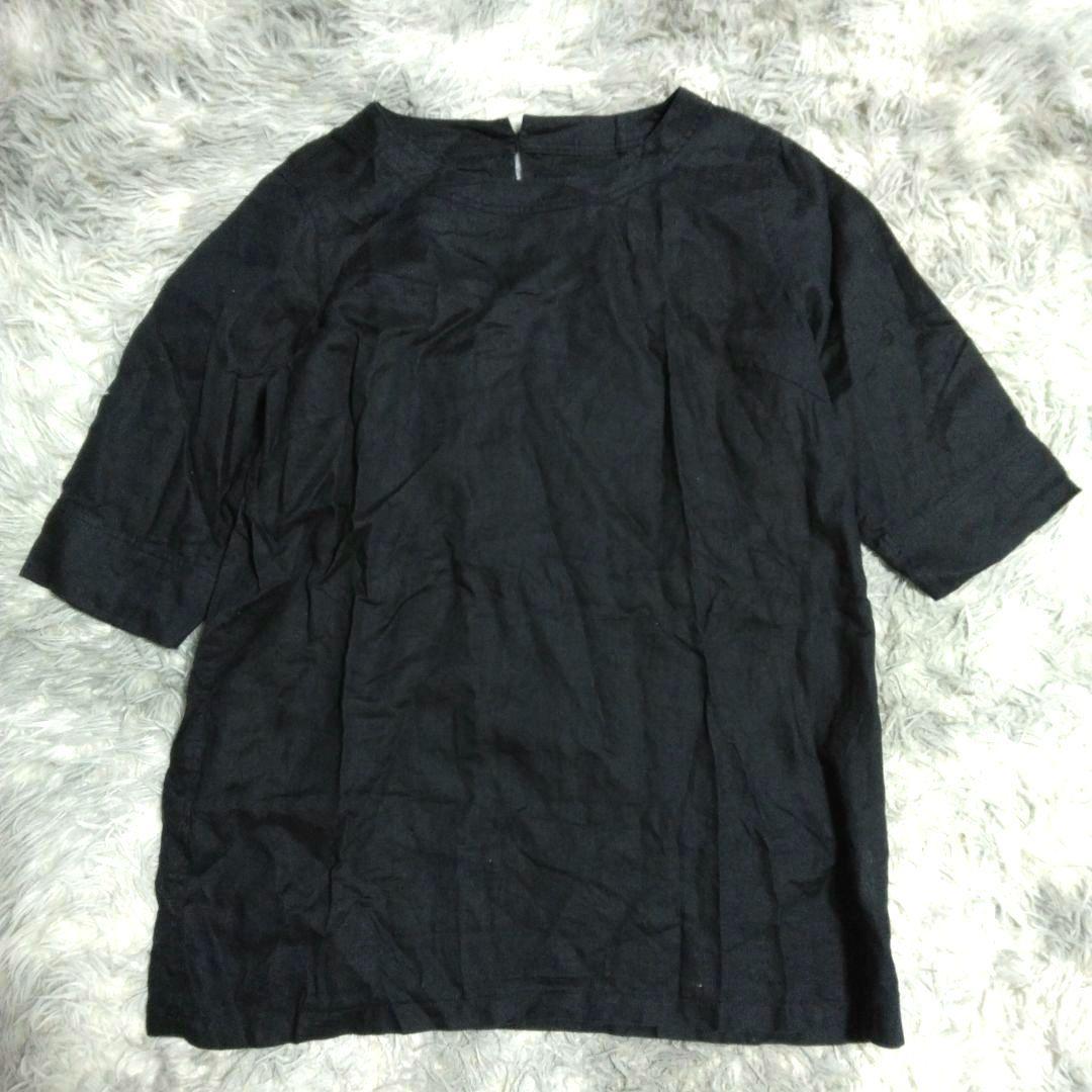 美品✨レア❗麻100【スクロール】紺 五分袖チュニック (LL) 大きいサイズ