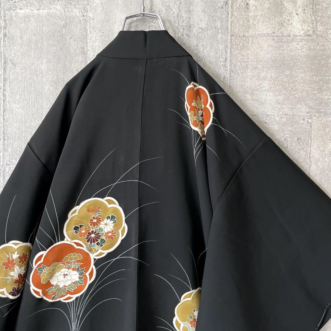 vintage kimono 着物カーディガン 羽織り 花柄 デザイン ブラック
