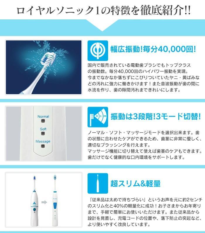 ロイヤルソニック1 音波式電動歯ブラシ 充電器付 替えブラシ2本付 - 健康