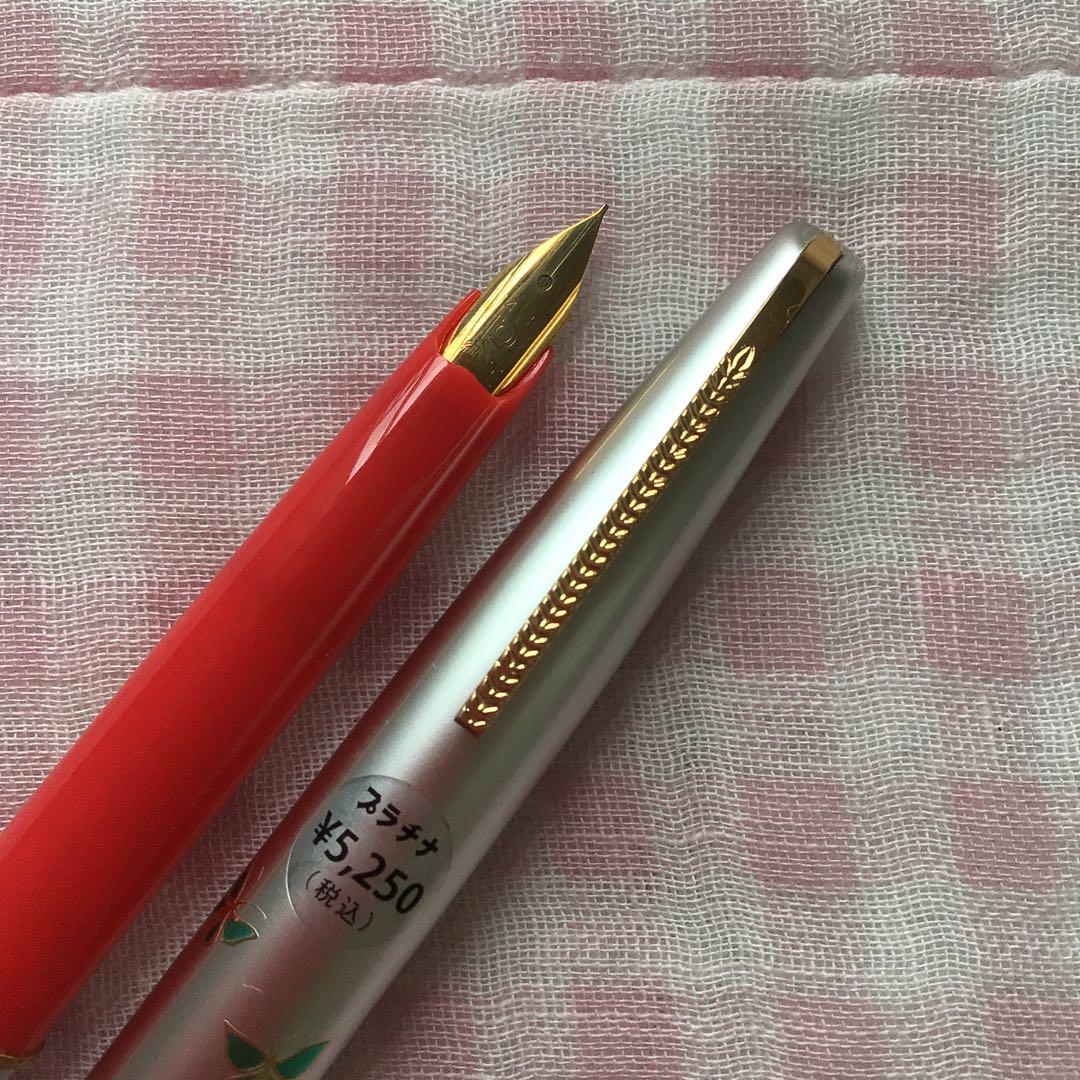 プラチナ 14K 14金 万年筆 ショート チョウ柄 蝶 赤 細字 廃盤