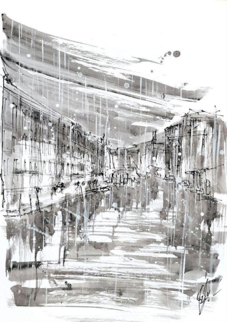 原画#3983 雨 ベネチア イタリア 白黒 水彩画 ドローイング 絵画