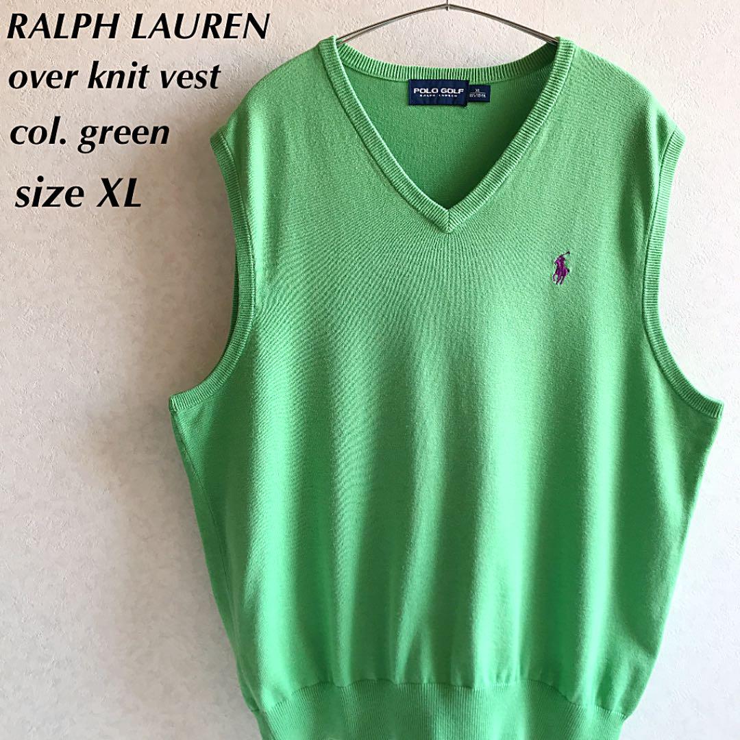 RALPH LAUREN 美品 ベスト 稀少色'グリーン 紫刺繍ロゴ カシミヤ混
