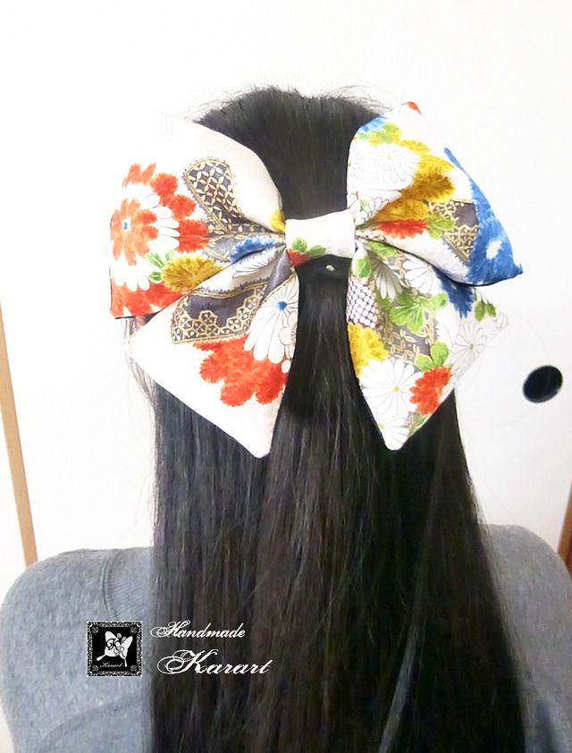 正絹 つまみ細工 髪飾り リボン パールホワイト