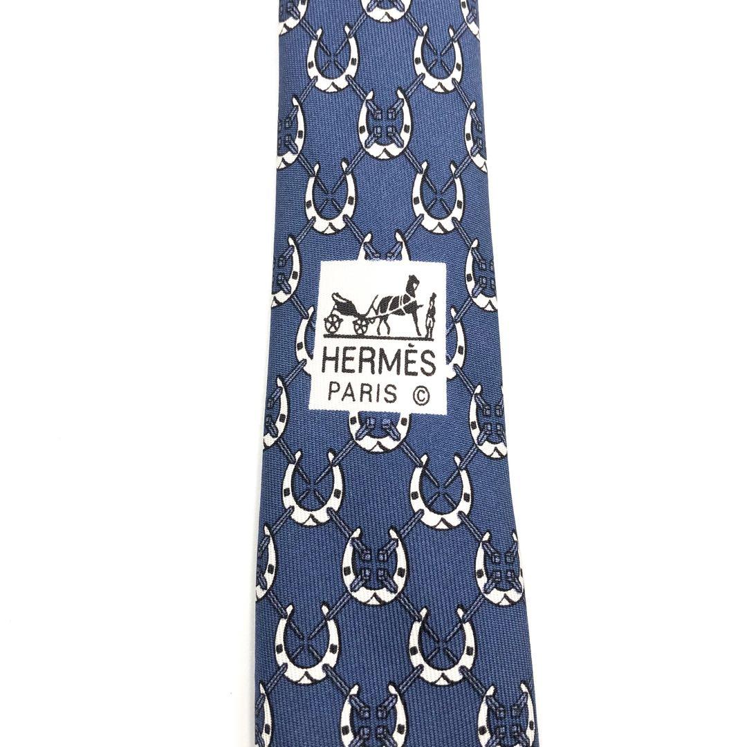 美品】HERMES ネクタイ 格子柄 馬蹄柄 ホースビット柄 ブルー