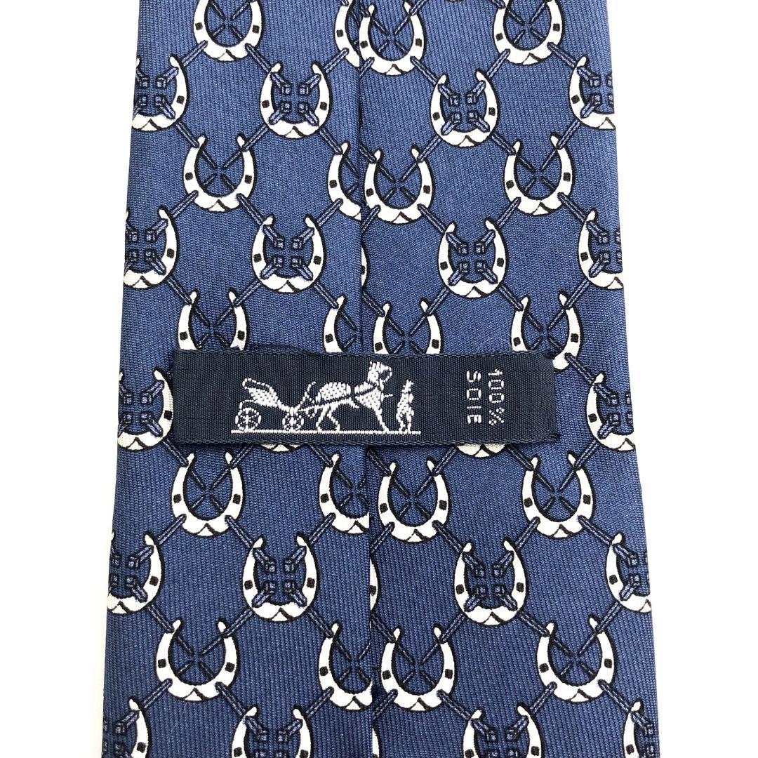 美品】HERMES ネクタイ 格子柄 馬蹄柄 ホースビット柄 ブルー