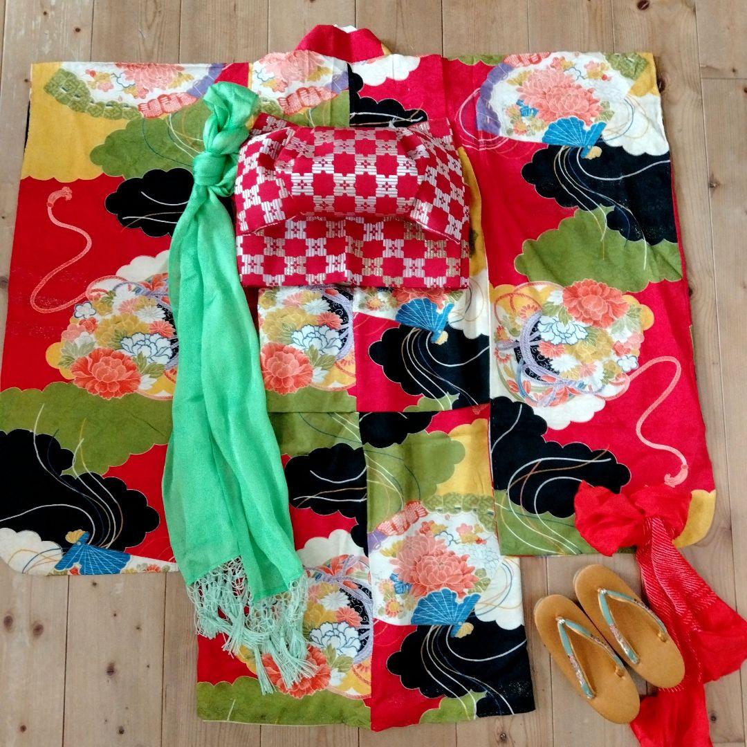 女の子３歳アンティーク着物/作り帯/草履/帯揚げ
作り帯　草履　帯揚げ　セット