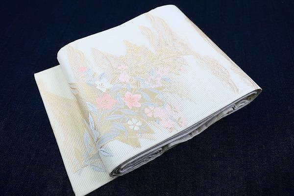 【限定セール！】 夏帯 袋帯 美品 夏 長さ4m43 金糸 扇面 吉祥花 オフホワイト 絽 着物・浴衣