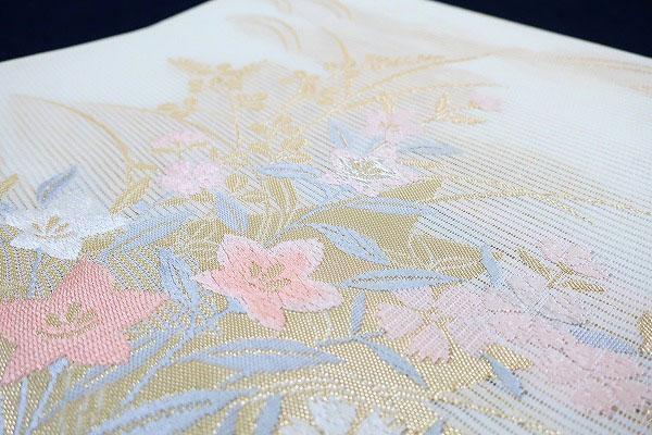 美品 袋帯 夏帯 夏 絽 オフホワイト 吉祥花 扇面 金糸 長さ4m43