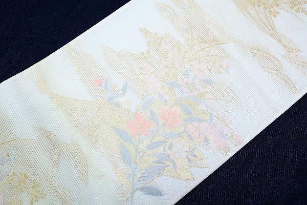 美品 袋帯 夏帯 夏 絽 オフホワイト 吉祥花 扇面 金糸 長さ4m43