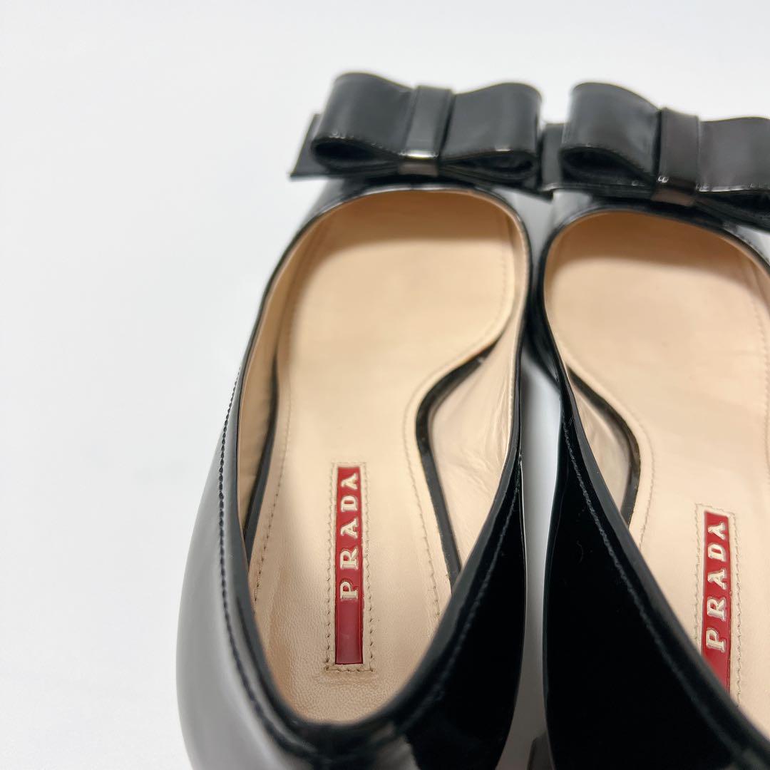 PRADA エナメルパンプス ヒール ロゴ金具 リボン ブラック 36