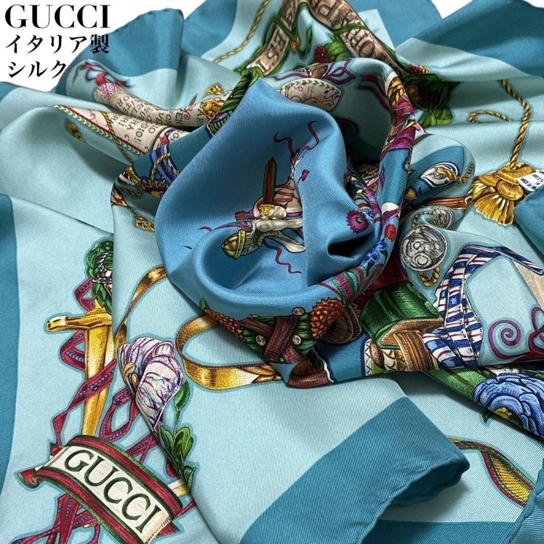 美品✨GUCCI グッチ シルク イタリア 花柄 ロゴ 大判スカーフ ストール