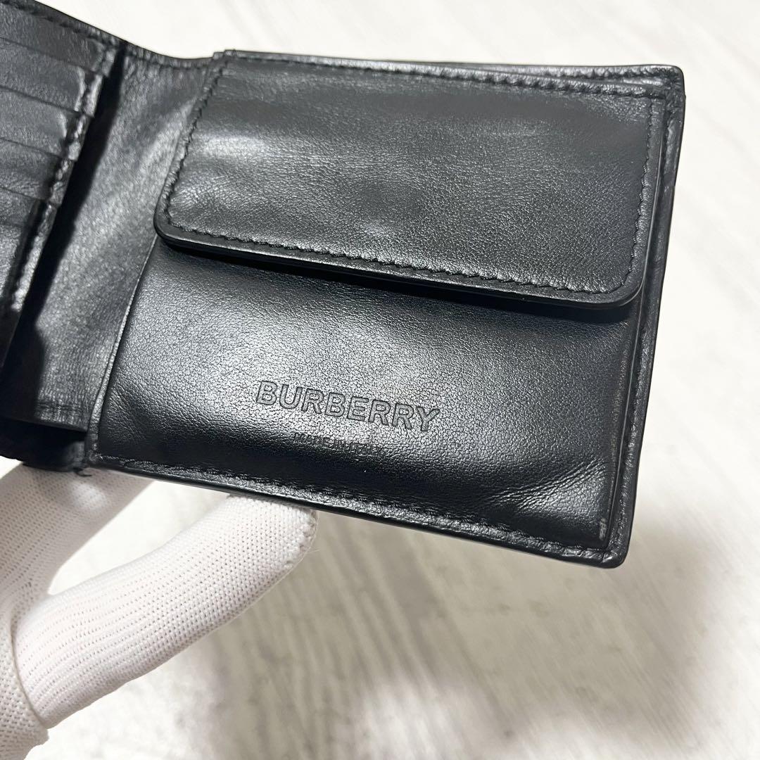 ★BURBERRY バーバリー TB 総柄 型押し 二つ折り 財布 レザー ブラック 黒 メンズ 男性【鑑定済み 本物保証】