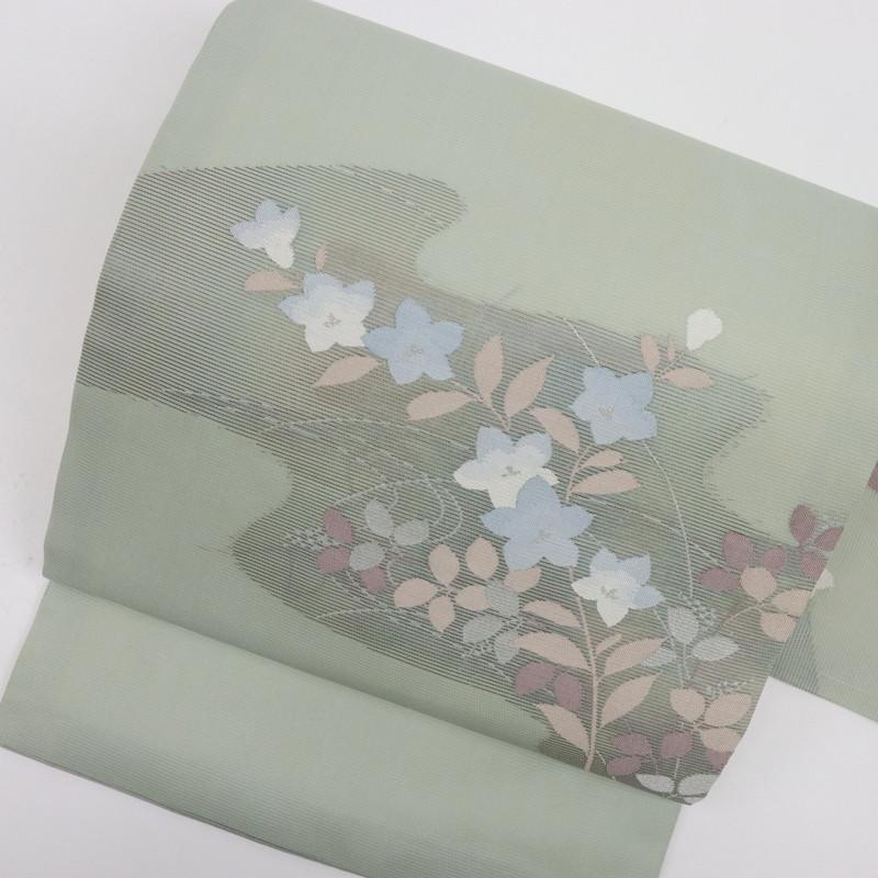 夏＊名古屋帯 絽 霞に秋草花模様 淡い緑 和装 普段着物 正絹 5NG11