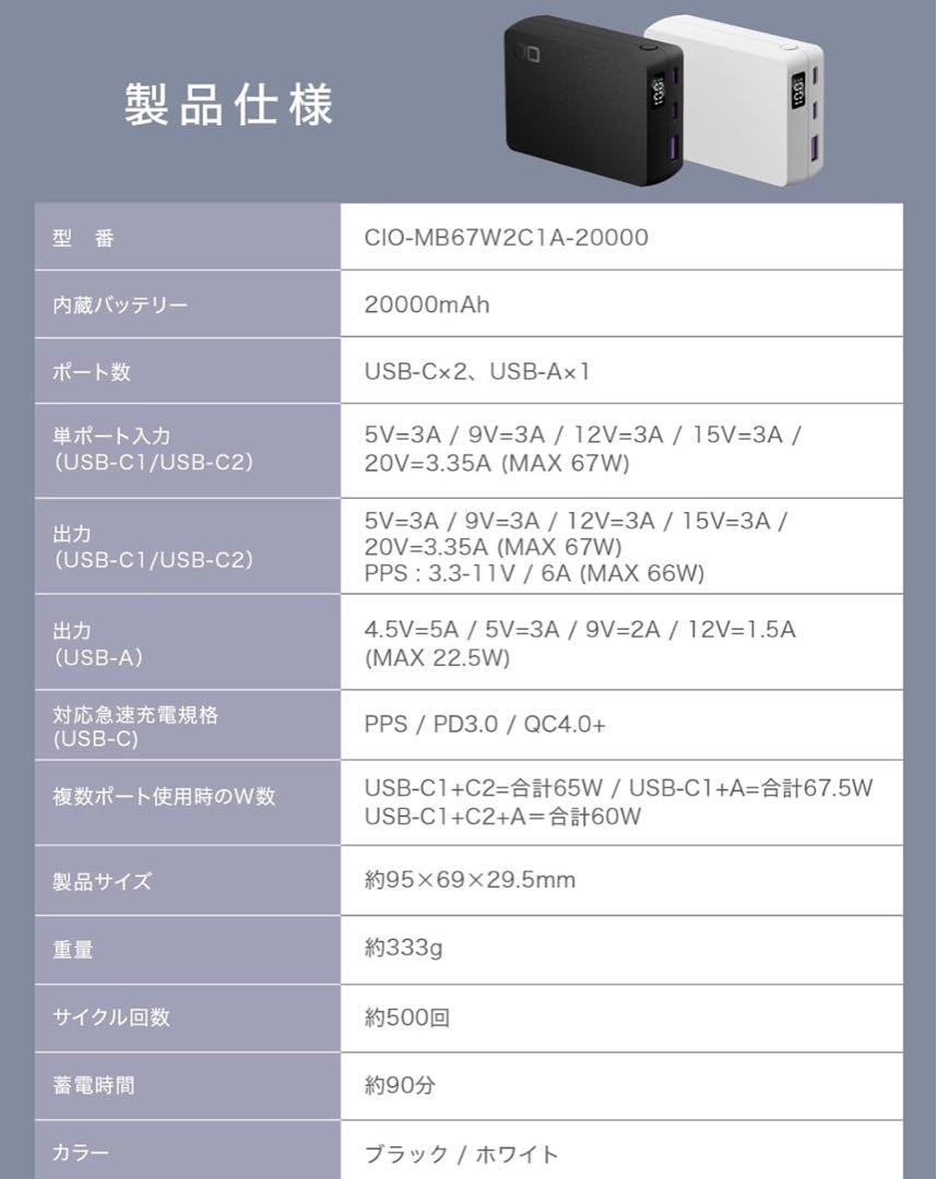 CIO SMARTCOBY TRIO 20000ｍAh 65Wモバイルバッテリー