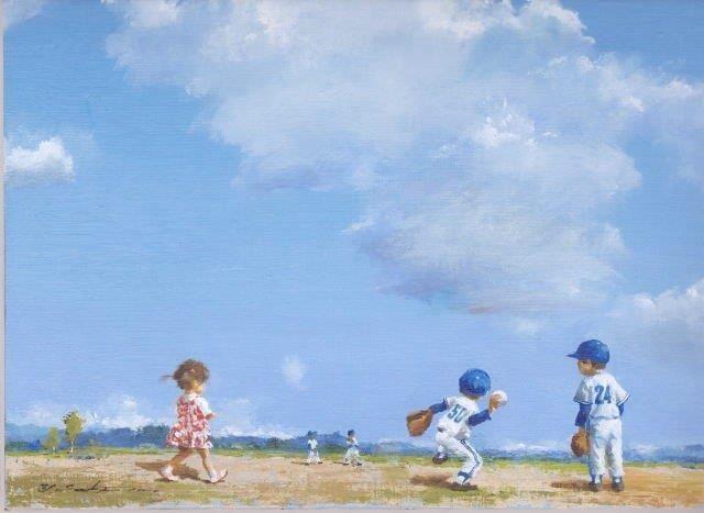 櫻井幸雄　額縁付き複製画　少年野球「雨上がりの球場」　リトルリーグ　桜井幸雄 櫻井幸雄 額縁付き複製画 少年野球「遠投」リトルリーグ 桜井