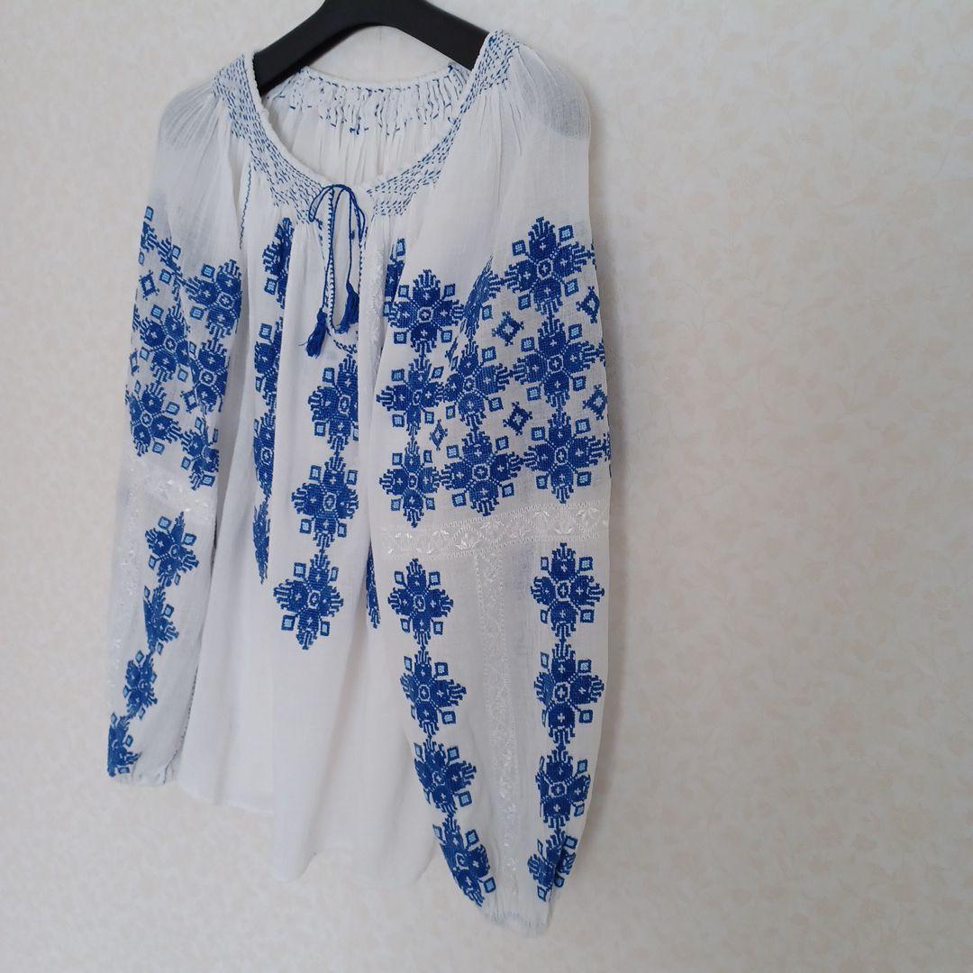 ルーマニア手刺繍 長袖ブラウス ホワイト/ブルー レディース