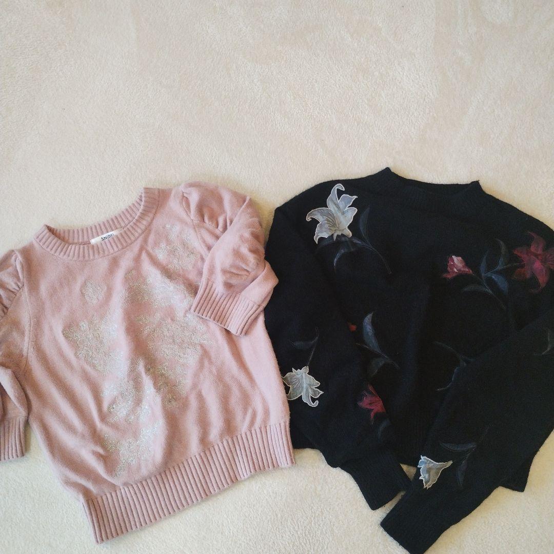 SNIDEL 花柄刺繍 ピンクと黒のニット