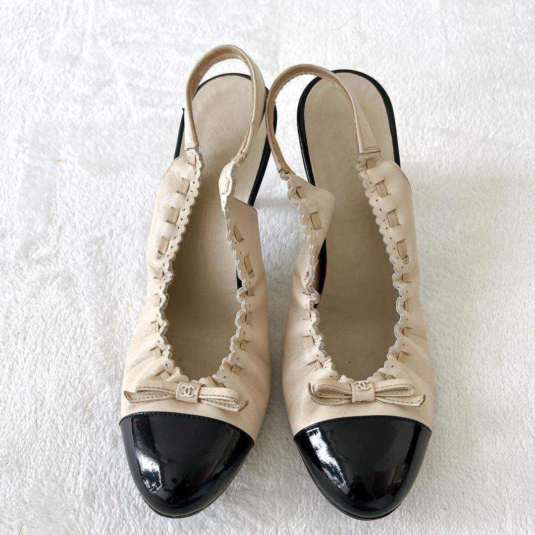 ★CHANEL★バイカラーココマーク リボンストラップ パンプス エナメルレザー