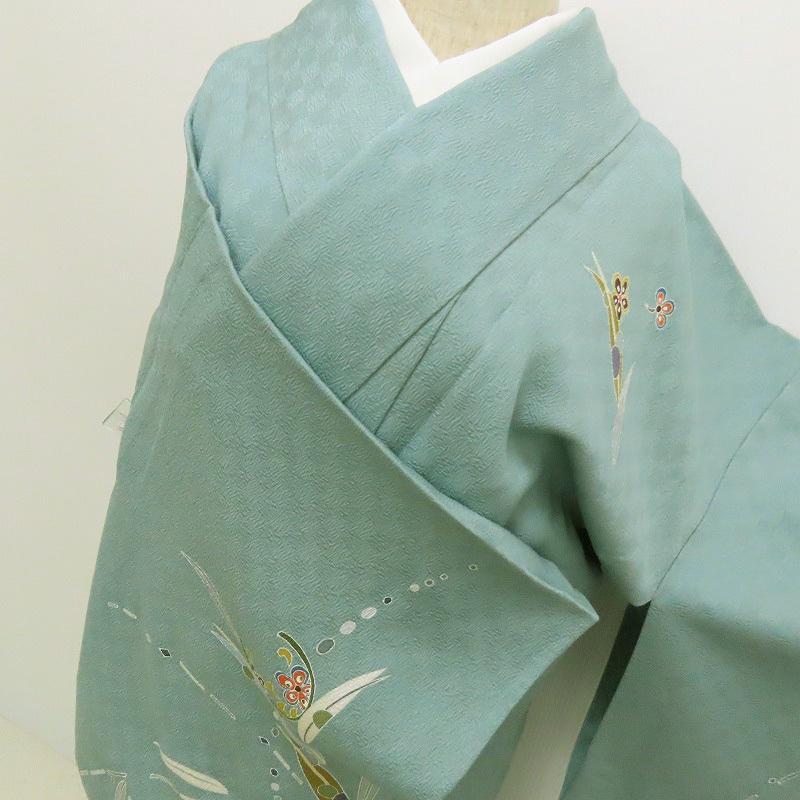 ★単衣 付け下げ 草花あしらい 千草色 (3321)LYM