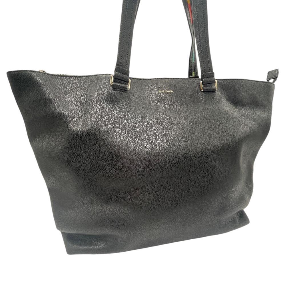 美品✨ポールスミス　トートバッグ　インレイド　マルチストライプ　レザー　ブラック 美品 ポールスミス インレイドストライプハンドル トートバッグ