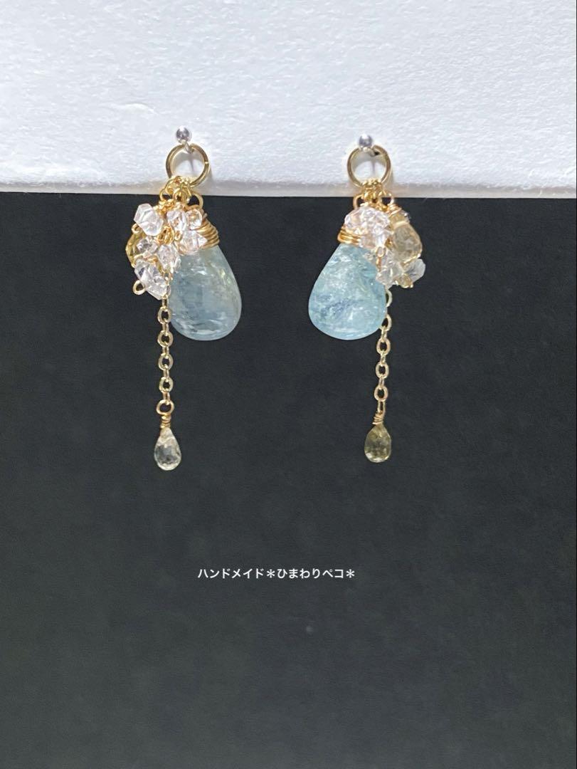 rinka◆アクアマリン×ハーキマーダイヤモンド水晶 イヤリング 他 Color Milgrain]Ptアクアマリン/ダイヤモンド/リング(プラチナ