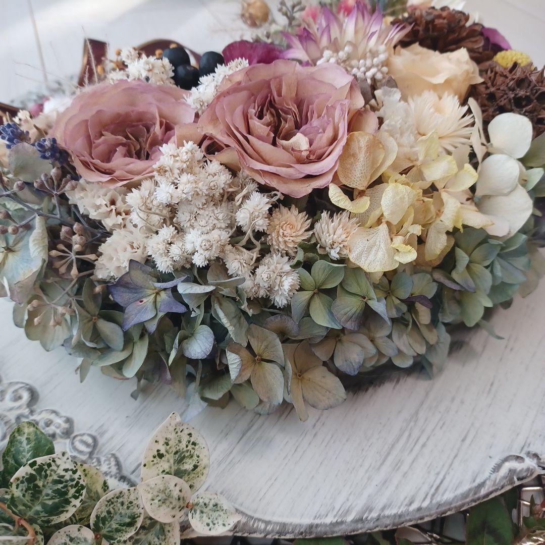 ドライフラワーリース ハンドメイド フラワーリース＊紫陽花リース 薔薇 40 ドライフラワーリース ハンドメイド フラワーリース＊紫陽花