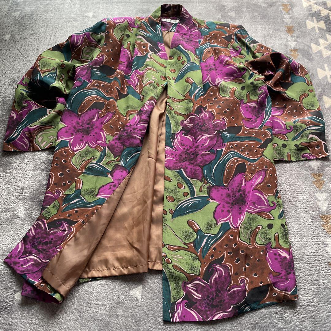 超希少 Silk doma 総柄 フラワー ノーカラー シルクジャケット 個性的