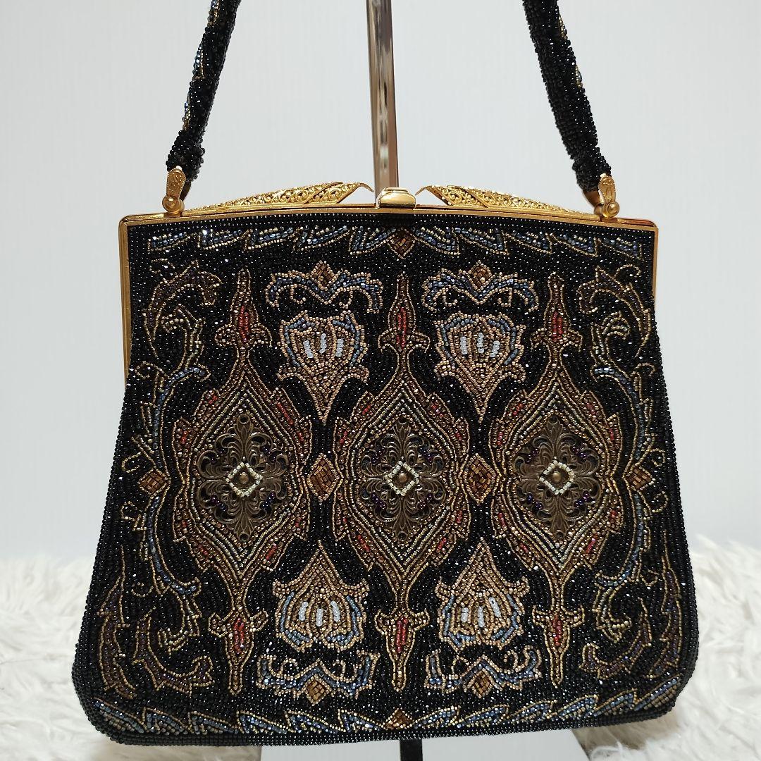 【美品】柏ビーズ ハンドバッグ 総ビーズ がま口 冠婚葬祭 高級 ブラック